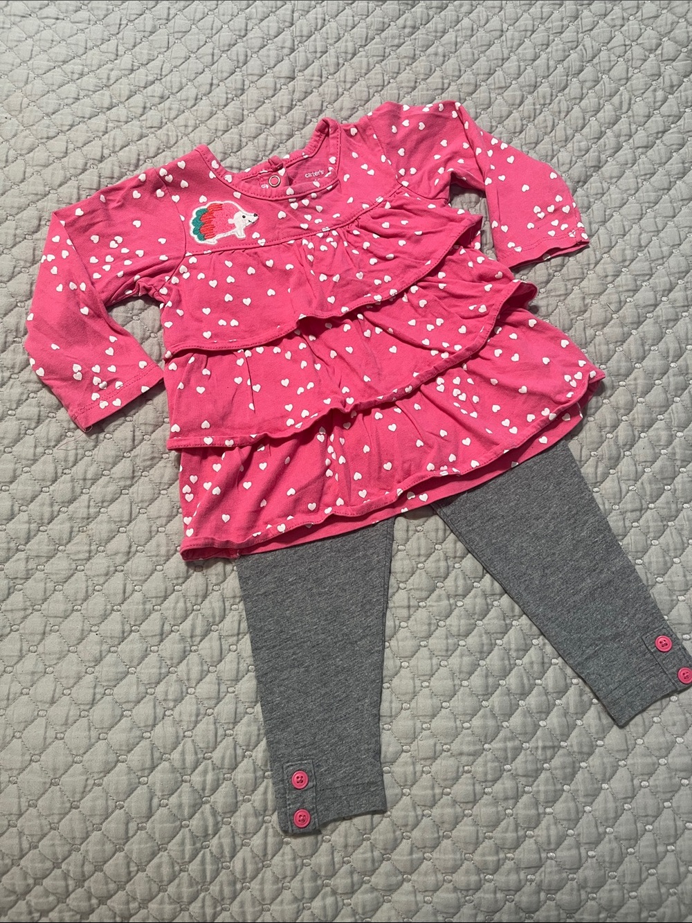 Carter's Pink Heart Ruffle Top and Gray Leggings Set